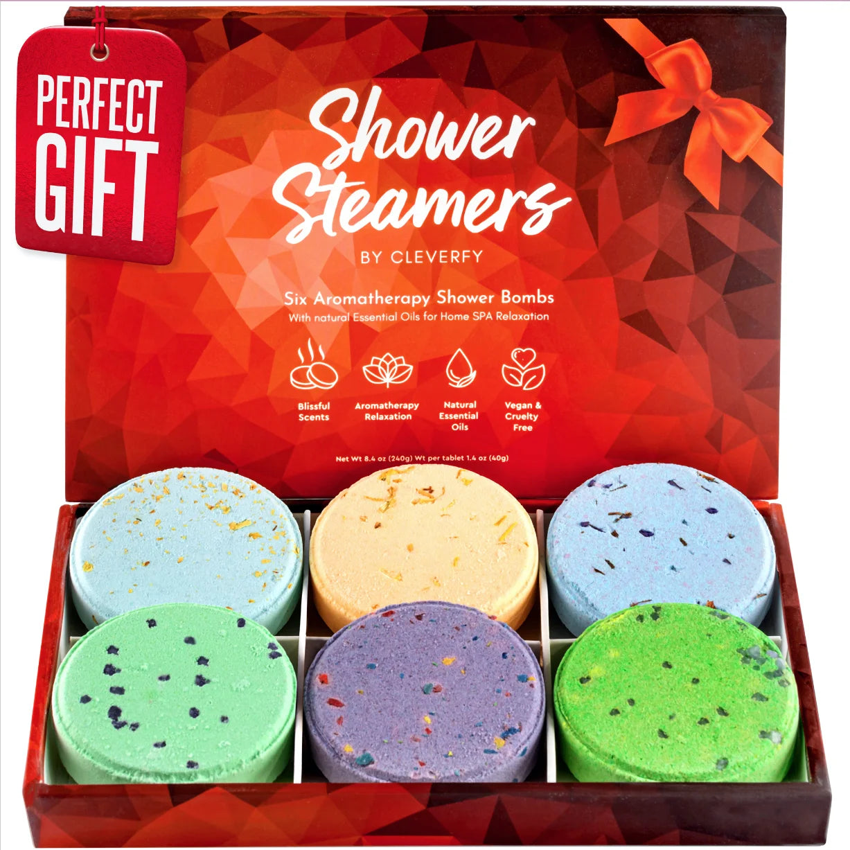 Shower Steamers Aromatherapy - Variety Pack of 6 Shower Bombs with Essential Oils. Personal Care and Relaxation Birthday Gifts for Women and Men. Red Set