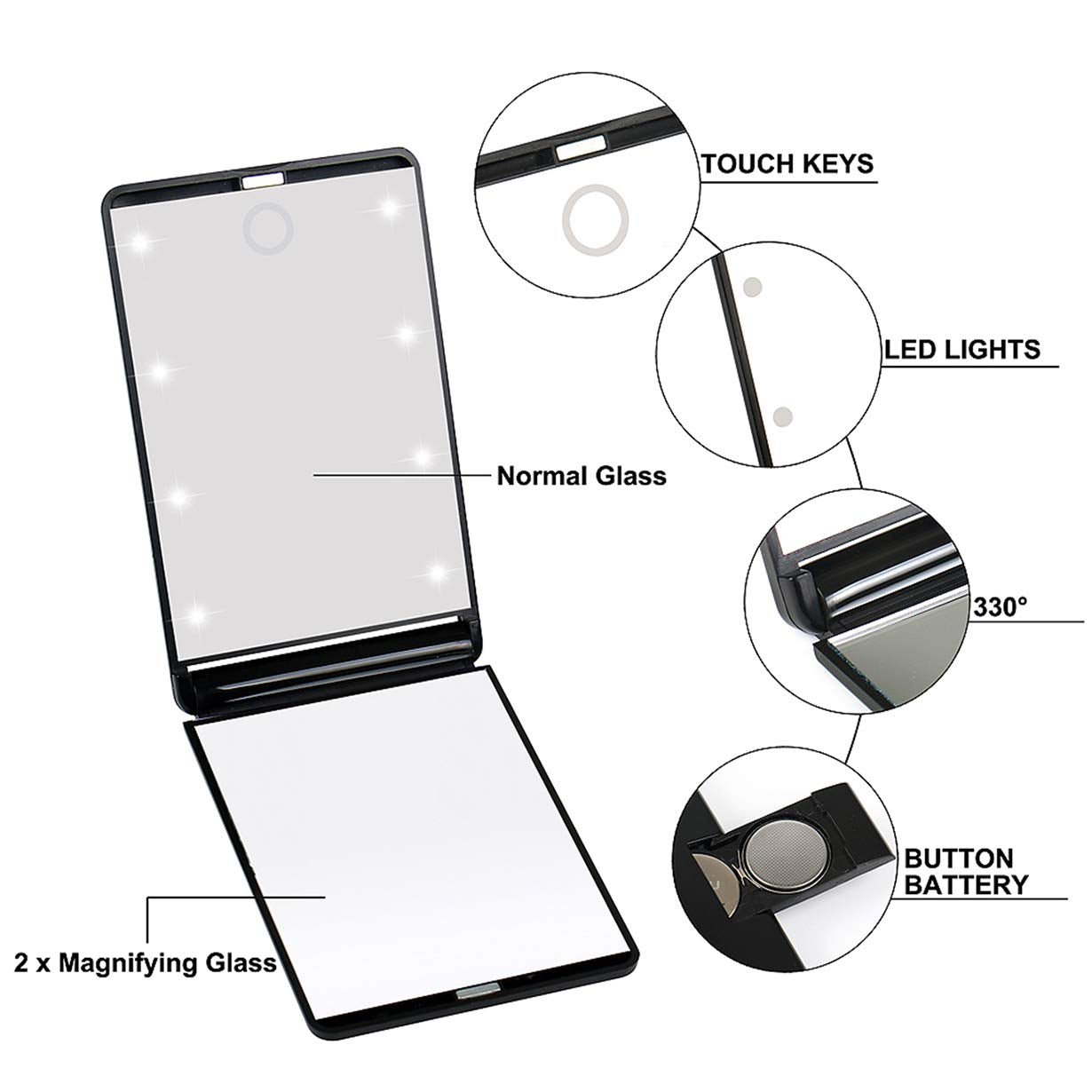 Travel Mirror, Portable LED Lighted Makeup Mirror with 8 Dimmable Led Lights, Touch Switch Travel Makeup Mirror with Light, Folding Compact Mirror 1X & 2X Magnification Large Compact Mirror