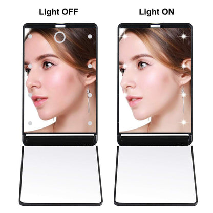 Travel Mirror, Portable LED Lighted Makeup Mirror with 8 Dimmable Led Lights, Touch Switch Travel Makeup Mirror with Light, Folding Compact Mirror 1X & 2X Magnification Large Compact Mirror