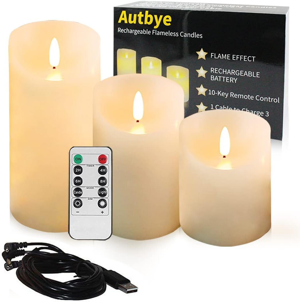 Flameless Candles Electric with Rechargeable Battery 2021 Advanced Edition Extra Bright Ivory Dripless Real Wax Pillars LED Smart Candle Flickering with 10-Key Remote Control (3 Pack)