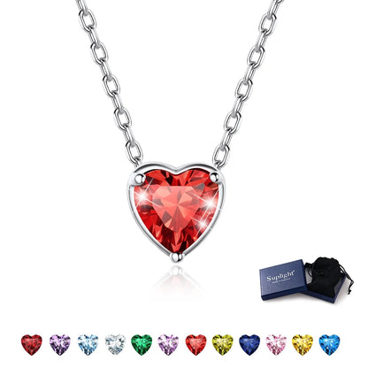 Women 925 Sterling Silver Birthstone Love Heart Necklace, Birthday Valentine'S Day Gift for Her