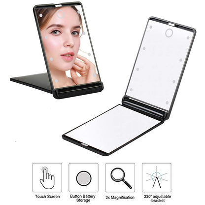 Travel Mirror, Portable LED Lighted Makeup Mirror with 8 Dimmable Led Lights, Touch Switch Travel Makeup Mirror with Light, Folding Compact Mirror 1X & 2X Magnification Large Compact Mirror