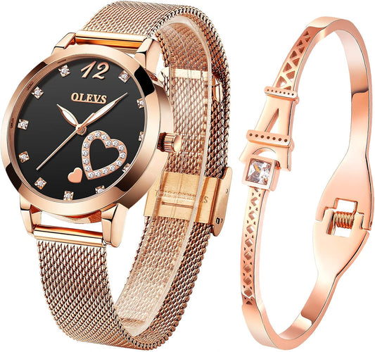 Womens Watch Gifts Set with Bracelet Rose Gold for Lady Female Minimalist Simple Slim Thin Casual Dress Analog Quartz Wrist Watches Waterproof Two Tone